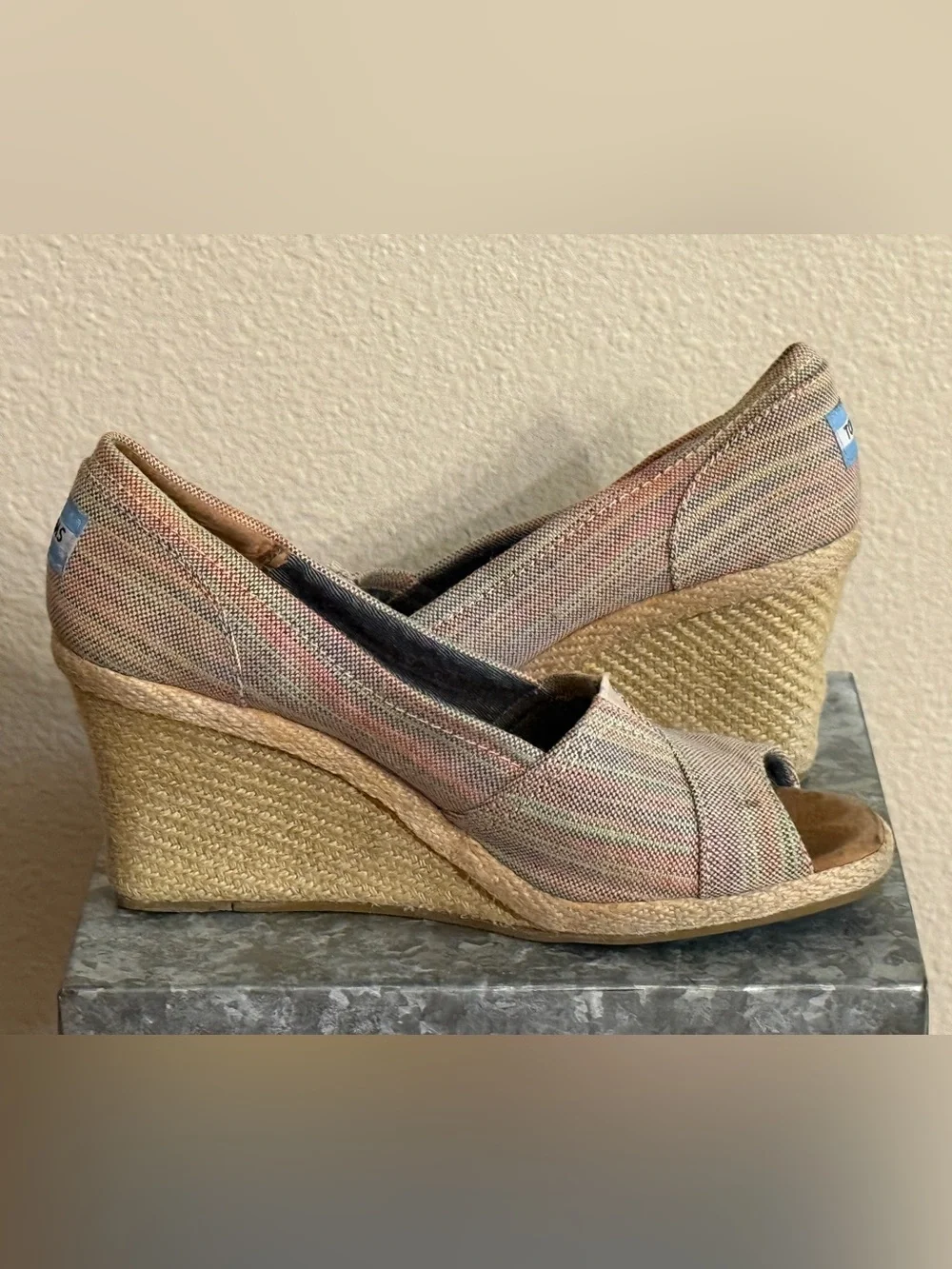 Toms Rainbow Stripe Canvas Wedge Espadrille Peep Toe, Size 9.5